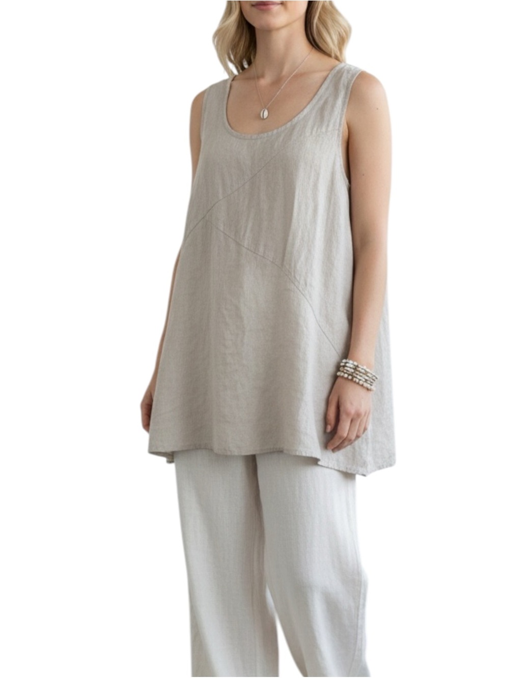 Cynthia Rowley Coastal Lagenlook Light Taupe Boho Linen Sleeveless Tunic